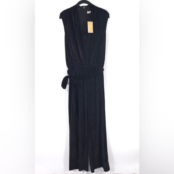 NWT MICHAEL KORS Black Silver Vneck Wide Leg Jumpsuit Tie Belt Sleeveless MEDIUM - Picture 4 of 14